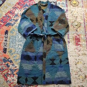 VTG Bill Blass Heavy Terry Cloth Robe Plaid Bath Belted Aztec 90s Blue / Teal